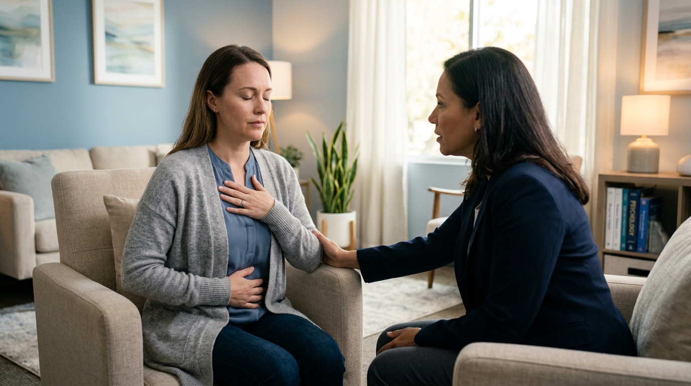 Adult practicing deep breathing during panic attack management in a calm clinical environment